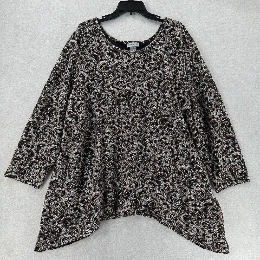 Catherines Woven‎ Lace Blouse Black White Paisley 3/4 Sleeve Top Nylon Lined 3X